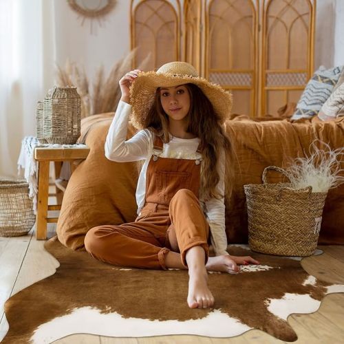 BENRON Premium Cowhide Rug Large, Faux Cow Hide Rugs for Living Room Bedroom Western Home Decor, Non Slip Cute Rug with Irregular Animal Skins and Hides, Khaki Brown, 7.8 x 9.5ft