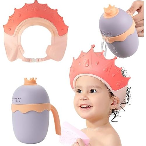 FUNUPUP Baby Shower Cap with Bath Rinse Cup for Toddlers Kids, Crown Pink