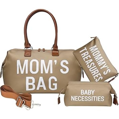 printe Mom‘s Bag, Hospital Bag for Labor and Delivery, Large Mom's Diaper Tote for Mom Travel, Waterproof Baby Handbag with 2 Organizer Pouches, Khaki
