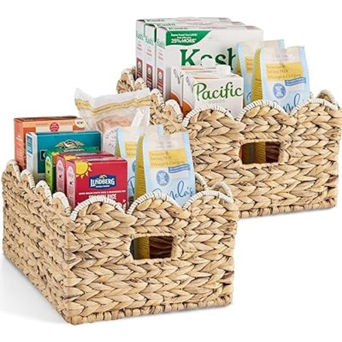Best Choice Products 16x12 Scalloped Shelf Baskets, Woven Storage Bins, Storage Organizers for Pantry, Living Room, Bedroom, Nursery & Laundry, 2 Pack - Natural with White Trim