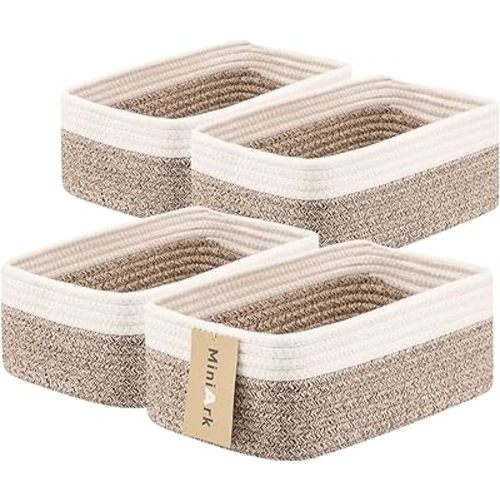 Small Storage Baskets for Organizing | Closet Organizer Bins | Shelf Toy Basket | Woven Rope Baskets | Cube Decorative Box | Shallow Basket | 11.5x7.5x4.7” | 4 Packs White Brown