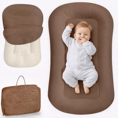 Infant Support Cushion - Baby Support Cushion for Newborn 0-24 Months | Breathable Cotton Tummy Time Mat, Supervised Use, Portable Newborn Essentials for Home & Travel, Brown (Cover Included)