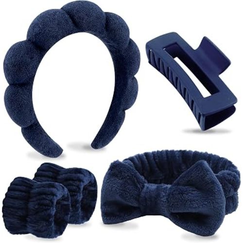 Spa Headbands for Wash Face, Makeup Headband, Facial Skincare Headbands, 5 Pcs Dark Blue Puffy Sponge Spa Headband Bow Tie Hair Band Hair Clips Wristband Set Women Girls Accessories