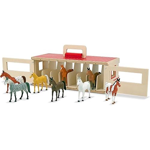 Melissa & Doug Take-Along Show-Horse Stable Play Set– Pretend Play Wooden Barn Toy with 8 Horse Toys & Carrying Case, Portable Preschool Travel Toys for Kids Ages 3+