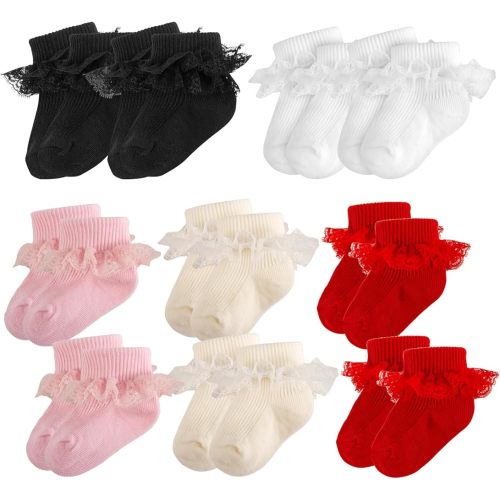 Baby Girl Ruffle Socks Eyelet Double Lace Turn Cuff Ankle Frilly Dress Socks for Newborn/Infant/Toddler/Little Kids