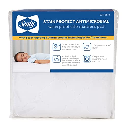 Sealy Baby Stain Protect Antimicrobial Fitted Waterproof Infant Crib Mattress Protector Pad and Toddler Bed Cover, Durable and Comfortable Topper, Machine Washable & Dryer Friendly, 52” x 28”- White