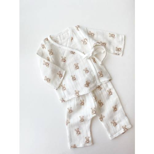 Organic cotton coming home outfit, Teddy bear kimono top, pants, hat, gloves set, newborn wrap muslin clothing
