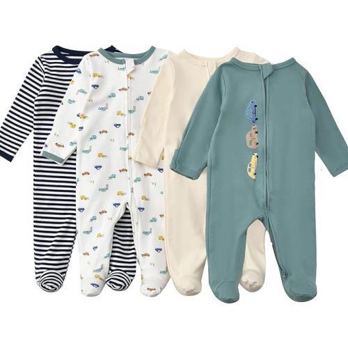 Aablexema Baby Footed Pajamas with Mitten Cuffs Zipper 4-Pack Infant Newborn Cotton Long Sleeve Outfit