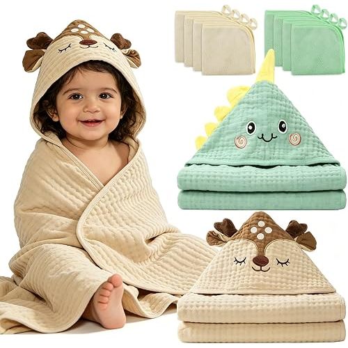 2 Pack Muslin Hooded Baby Bath Towels & 8 Washcloths, 100% Cotton