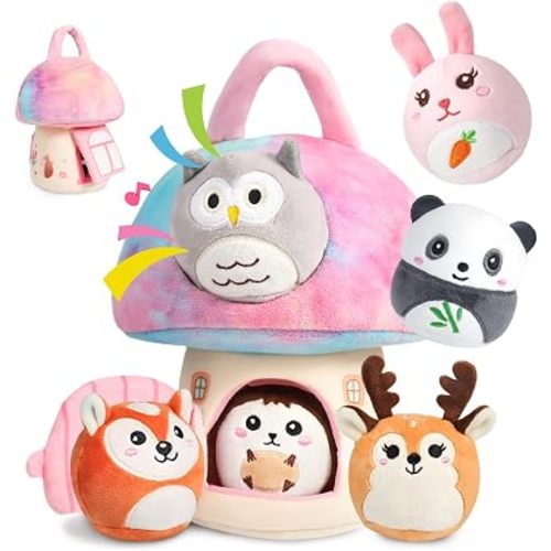 Interactive Plush Mushroom House Playset with 6 Stuffed Animal Toys – Soft Sensory Toy for Babies & Toddlers, Montessori Learning Plush with Crinkle Sounds – Portable Gift for Boys & Girls