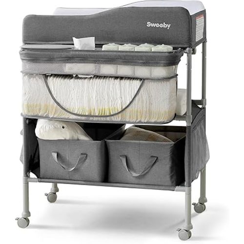 Sweeby Portable Baby Changing Table, Foldable Changing Table Dresser Changing Station for Infant, Waterproof Diaper Changing Table Pad Topper, Mobile Nursery Organizer for Newborn Essentials,Darkgrey