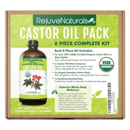 Castor Oil Pack - 8 Piece Complete Kit. Includes 16oz Glass Bottle of Organic Castor Oil, Easy to use Organic Cotton Compress with Adjustable Fit, 5 Soft Cotton Pads & Soothing Heat Pack..