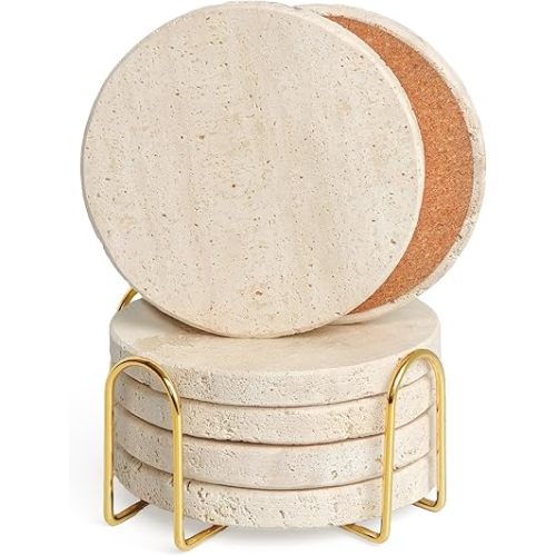 Natural Travertine Marble Coasters Set of 6, Round 4 inch Stone Drink Coasters, Non-Slip Cork Backing, Festival Gifts, Wedding, Protect Tables from Stains & Scratches.