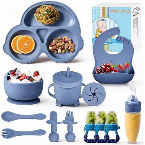 Silicone Baby Feeding Set,Miicasa Baby Led Weaning Supplies Kit With Suction Bowl & Car Plate, Bib, Spoon, Fork, Cup - Food-Grade Silicone, Dishwasher-Safe, No BPAs - For 3+ Months