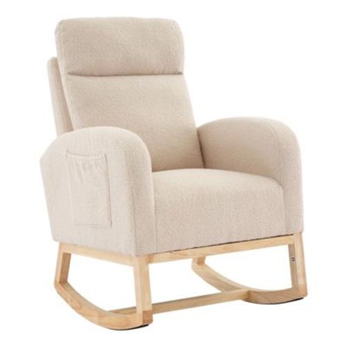 GustoWave Modern Solid Wood Rocking Chair for Nursery, Comfy Upholstered Fabric Rocking Armchair with Side Pockets