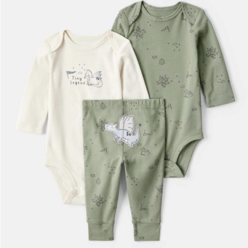 Baby Boy Dragon Print Cotton Long-Sleeve Bodysuit & Pant Set - Green/White | Carter's