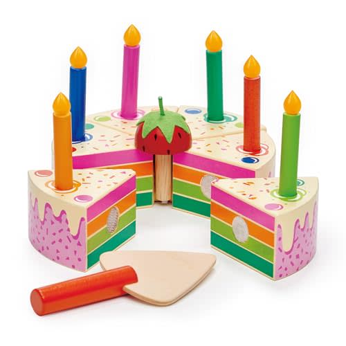 Tender Leaf Toys - Rainbow Birthday Cake Pretend Play Food Toy with Candles and Server, Party Decoration or Gift for Kids Develops Social Skills Imaginative Children Age 3+