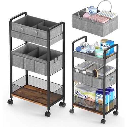 2In1 Baby Diaper Caddy & 3-Tier Rolling Diaper Cart, Diaper Caddy Organizer Cart with Dividers, Metal Detachable Bedside Cart for Baby Nursery Essentials, Large Capacity, Easy to Assemble, White