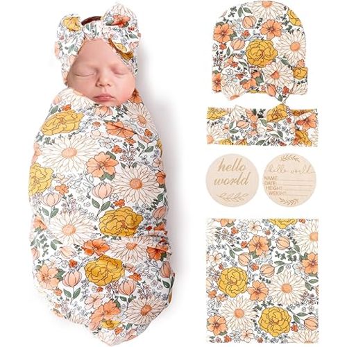 AQOKKA Newborn Receiving Blanket with Bow Hat Headband Wooden Card Set Newborns Toddler Baby Boy Girl Nursery Swaddle Wrap
