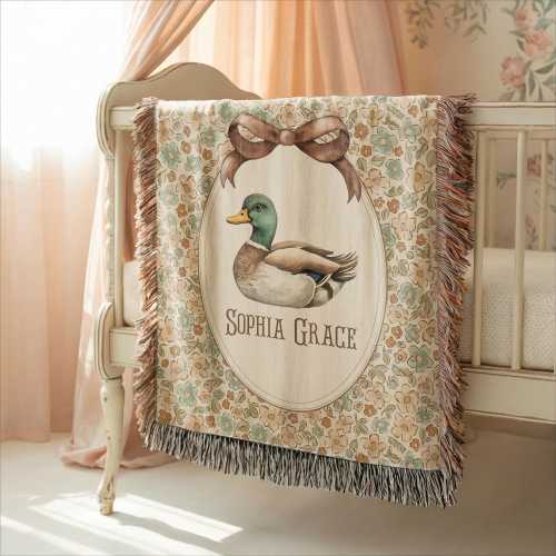 Personalized Mallard Duck Baby Blanket • Custom Girl Name Woven Blanket • 100% Cotton Nursery Keepsake • Duck Baby Shower Gift