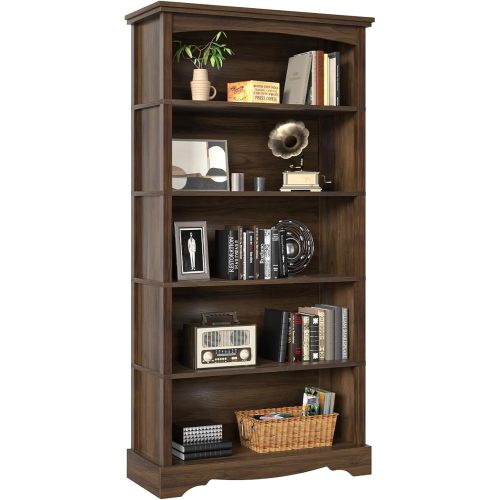 TVU 5-Tier Wooden Bookshelf, 31.5" W x 65" H ×9.9" D Bookshelf with Storage, Floor Standing Modern Style Display Bookcase for Living Room, Office, Study Room, Entryway, Brown