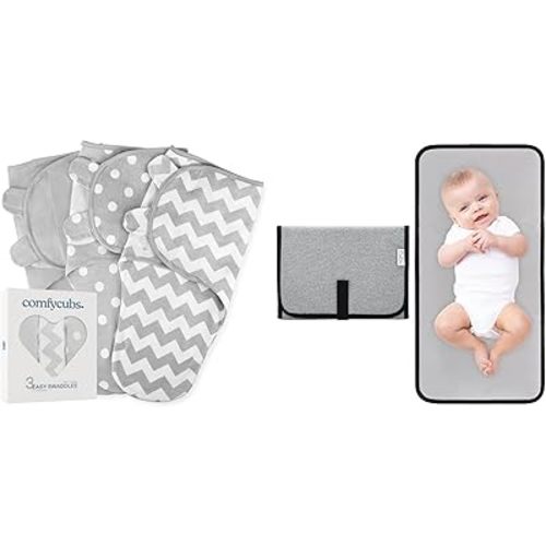 Comfy Cubs Swaddle Blanket Baby Girl Boy Easy Adjustable 3 Pack and Portable Diaper Changing Pads Bundled