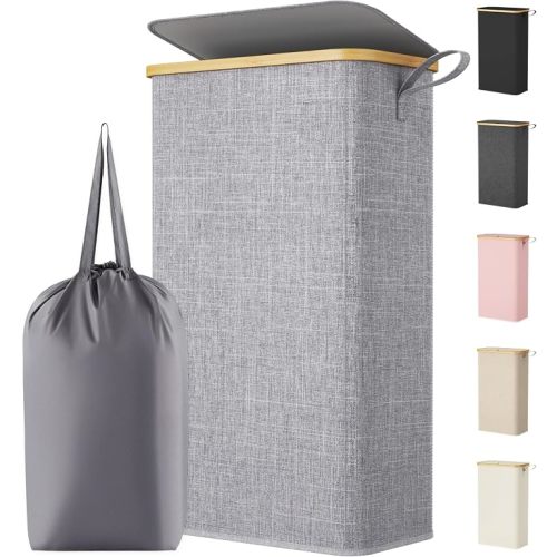 Lifewit 75L Slim Laundry Hamper with Lid, Narrow Laundry Basket with Removable Bag & Bamboo Handles