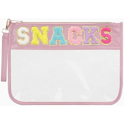 Clear Zipper Pouch for Travel Snacks Bag Nylon Clear Cosmetic Bag Makeup Travel Bag for Women with Glitter Patch Letters (Pink-Snacks)