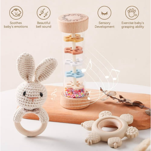 Youuys Wooden Baby Rattle Set (3pcs) - Crochet Rattle Rain Stick Teething Toys, Wooden Montessori Toy for Newborn Infant Baby Rattles Set Toys 3-6-12 Months (Bunny)