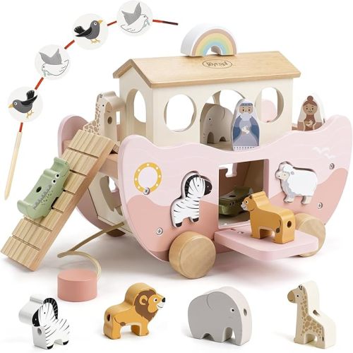Joyreal Pink Wooden Noah's Ark Toy for 1 Year Old Baby Girl Baptism Gift - Montessori Educational Toy with Animal Shape Sorter - Christian Toys for Toddler Boy 1-3 Years Old Christmas Birthday Gift