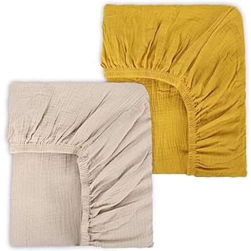 Muslin Fitted Crib Sheets for Girls & Boys-2 Pack 28"x 52" Soft Baby Mattress Sheet-No Slip Boho Neutral Breathable Toddler Cotton Bedding Yellow & Beige