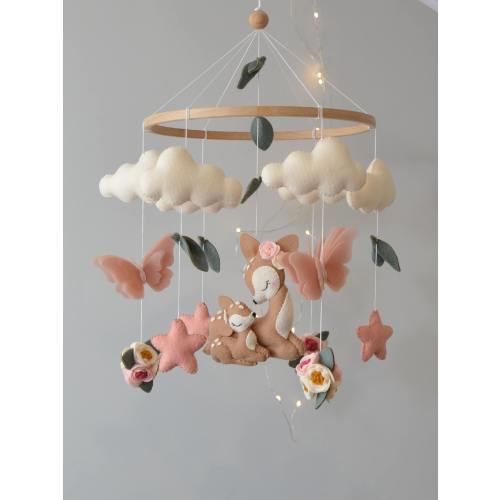 Deer  baby mobile girl. Butterflies baby mobile. Baby shower gift. Flowers baby mobile.
