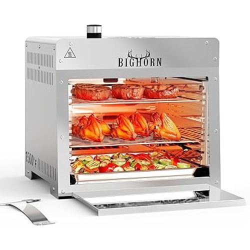 BIG HORN OUTDOORS 1500°F Small Infrared Propane Gas Grill – Portable Steak Broiler & Sear Station, Outdoor Salamander BBQ with Pizza Stone, Stainless Steel