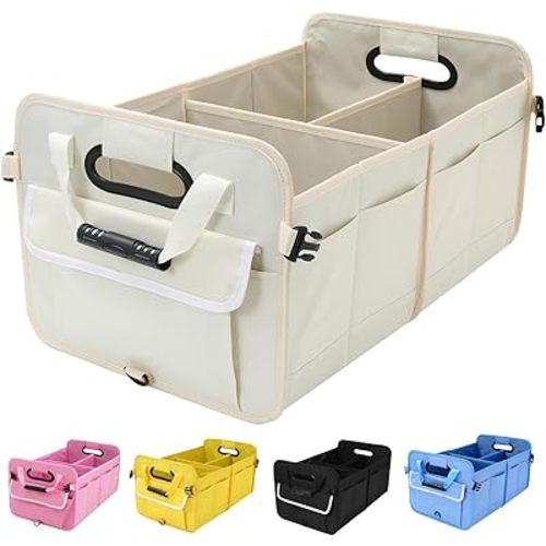 Car Suv Trunk Organizer,Sturdy Storage Organizer for Car Accessories,Tools,Sundries.Upgraded 4 Carrying Handles,72L,Foldable,Waterproof,Multi Compartment,2 Straps for Fixation (Beige)
