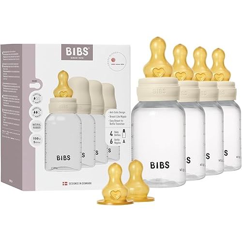 BIBS Baby Bottle 150 ml Latex Nipple 4 Pack - Anti-Colic, BPA-Free, Round Nipple, Lightweight & Easy to Clean, Suitable for Newborns 0+ Years, 4-Pack + 2 Extra Nipples - Ivory