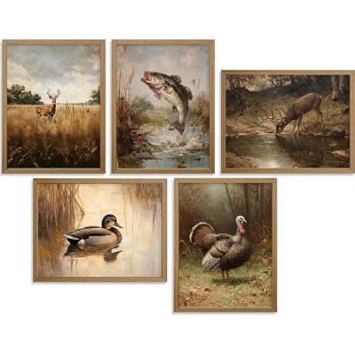 Vintage Hunting Nursery Wall Art Baby Boy Room Canvas Wall Decor Farmhouse Woodland Animal Prints Poster Mallard Duck Deer Turkey Fish Pictures Artwork Painting for Kids Bedroom 8x10x5 Inch Framed