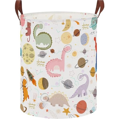 62L Kids Space Dino Waterproof Laundry Bag with Durable Leather Handle Soft Foldable No Wire Rim Make the Home Tidy(Space Dinosaur)