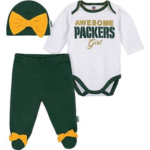 Gerber NFL Green Bay Packers 3 Pack Bodysuit Footed Pant and Cap Registry Gift Set, green/white Green Bay Packers, 6-9M