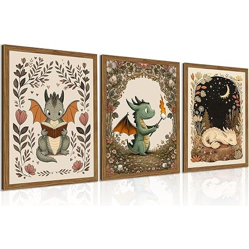 Vintage Dragon Nursery Wall Art Set of 3 Framed 8x10 Inch Canvas Prints, Whimsical Baby Dragon Fantasy Woodland Decor for Boys Girls Bedroom, Kids Room, Storybook Fairytale Wall Decor