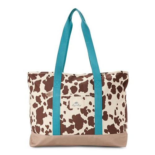 Itzy Ritzy Canvas Tote Bag - Zip-Top Closure, Roomy Main Compartment & 4 Pockets - Lightweight Cotton Canvas Carryall for Moms - Perfect for Travel, Beach, Errands & Everyday (Cow Print)