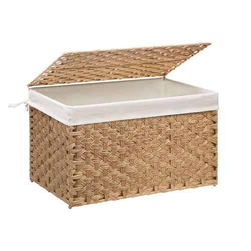 Large Wicker Storage Basket with Lid, 27.7 Gallon (105L), Natural | Woven Storage Bin with Handles, Blanket Basket with Lid, Removable Liner, Metal Frame, Foldable, for Bedroom, Laundry Room
