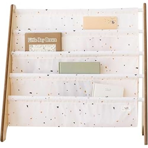 3 Sprouts Recycled Fabric Kids Bookshelf – 4-Tier Sling Book Rack Organizer - Nursery Room Playroom Classroom Wooden Book Shelves - Kid Bookcase Wood Storage Shelf for Toddler Age 3+ - Terrazzo Cream