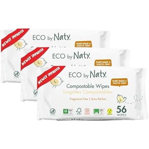 Eco by Naty Baby Wipes Unscented - 100% Compostable and Plant-Based Wipes, Good for Babies and Newborn Sensitive Skin (168 Count - 3 packs of 56)