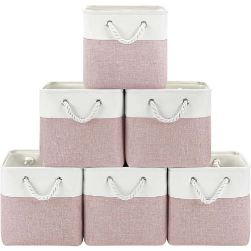 11x11 Cube Storage Bins, 6 Pack Foldable Fabric Organizer Bins with Rope Handles, Storage Cubes for Organizing Bedroom, Living Room, Clothes and Toys, Shelves and Closet (White & Pink)