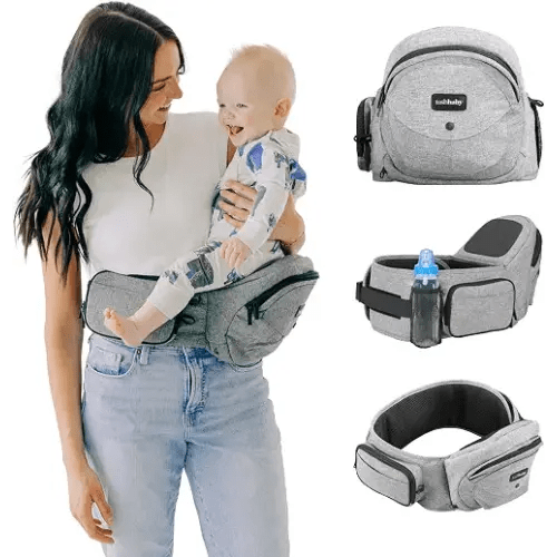 Tushbaby Original Hip Seat Baby Carrier for Babies & Toddlers up to 45 lbs, Safety Certified, Lightweight No-Foam Design with Storage, Grey