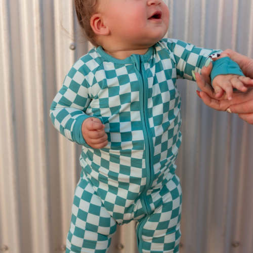 Infant Romper in Teal and Blue Checkered
