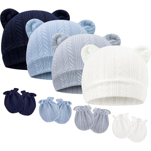 BQUBO Newborn Baby Hats Bear Ears and Mittens Sets Preemie Caps Baby Boy Girl Infant Hospital Beanie for 0-3 Months
