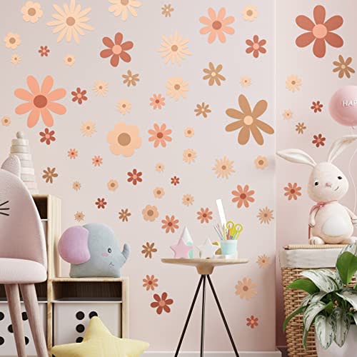 Kisston 90 Pcs Daisy Wall Decal Alphabet Vinyl Wall Decals Boho Decal Daisy Stickers Boho Groovy Floral Stickers for Nursery Art Bedroom Classroom(Classic)
