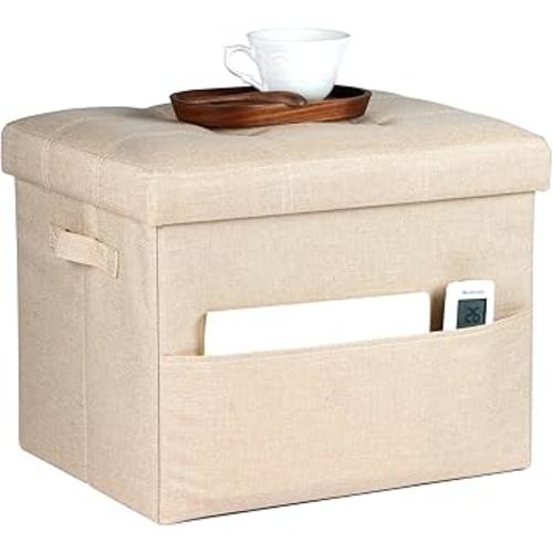 Storage Ottoman Foot Rest, Folding Linen Cotton Ottoman with Storage with Side Pockets and Handle, Foot Stool for Lounge, Study Corner, Home Office, 17x17x13 Inches, Beige