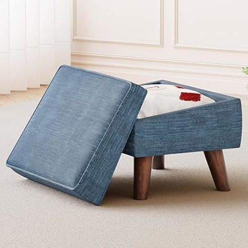 Footstool Ottoman with Adjustable Cover, Modern Ottoman Foot Rest, Ottomand with Storage for Living Room, Bedroom, Entryway, Blue